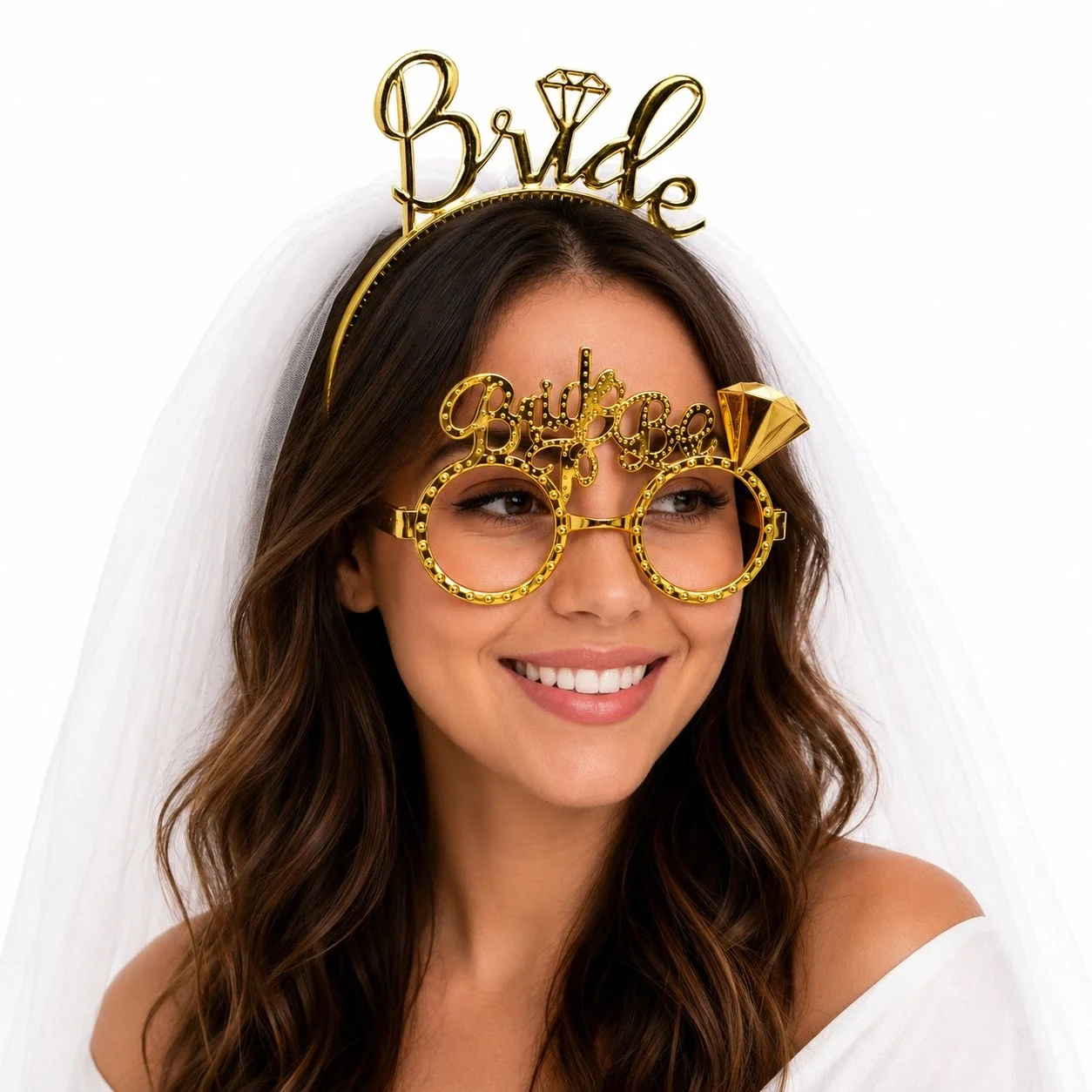 İthalat® Bride Yazılı Gold Taç ve Parti Gözlüğü Seti