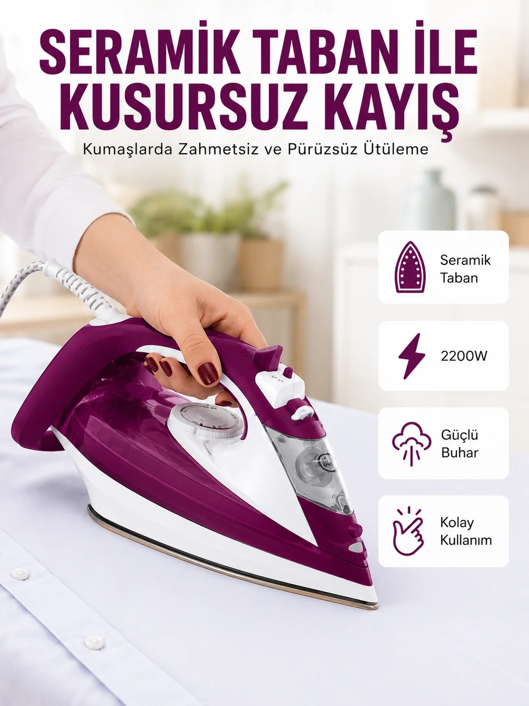 İthalat® Buharlı Kablolu Ütü 2200 Watt Kireçlenme Önleyici Şok Buharlı Yeni Nesil
