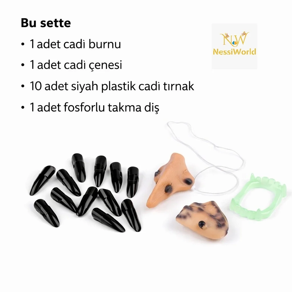 İthalat® Cadı Aksesuar Seti – Burun, Çene, Fosforlu Diş ve 10 Adet Siyah Tırnak