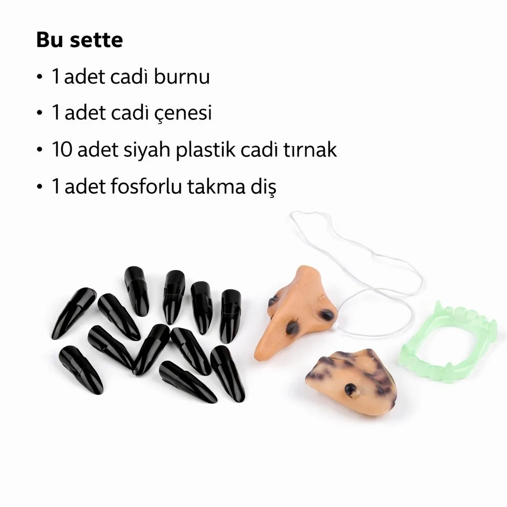 İthalat® Cadı Aksesuar Seti – Burun, Çene, Fosforlu Diş ve 10 Adet Siyah Tırnak