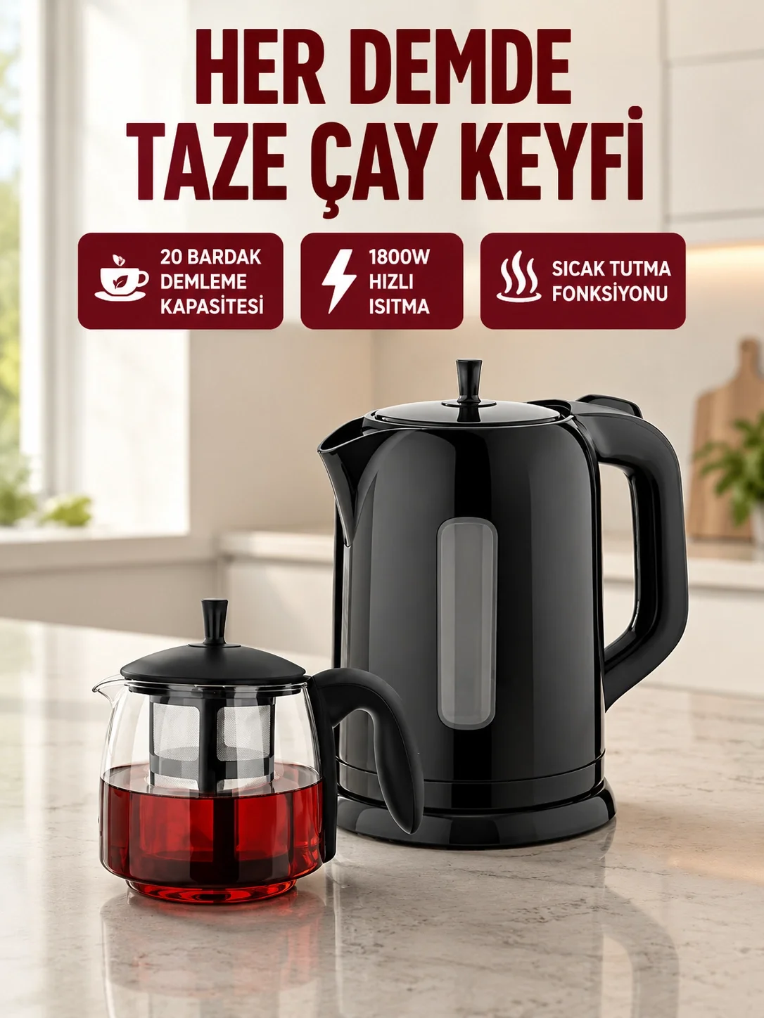 İthalat® Çaycı Cam Demlikli 1800W Güçlü ve Sıcak Tutmalı Elektrikli Çay Makinesi