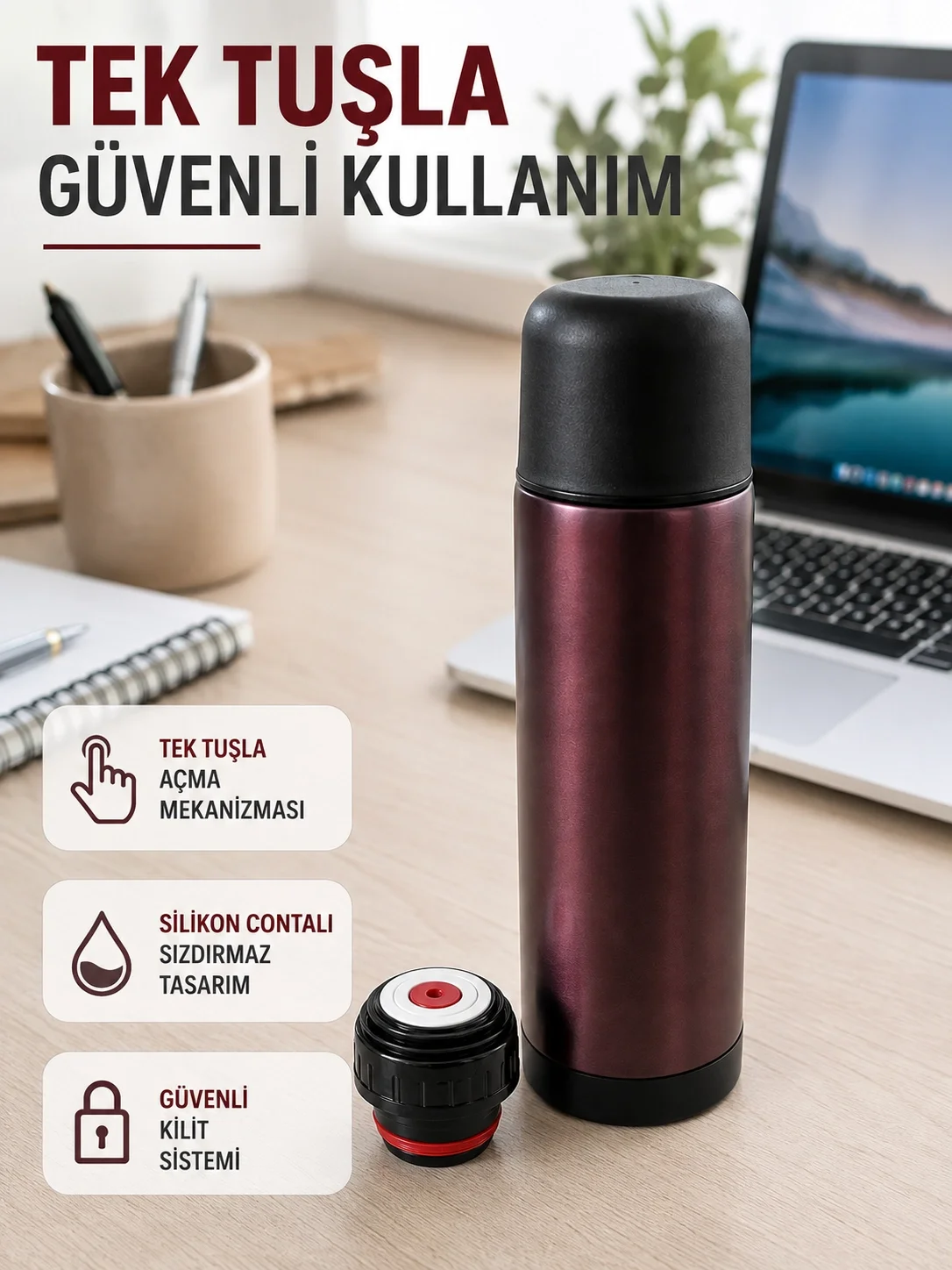 İthalat® Çift Katmanlı Vakumlu Termos Ofis Araç Kamp İçin Paslanmaz Çelik Termos