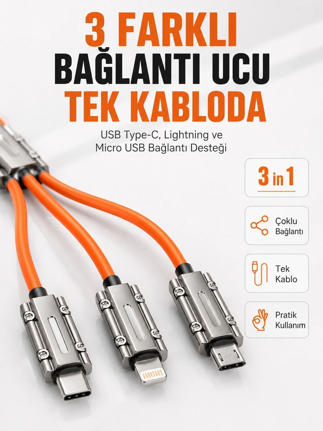 İthalat® Çinko Alaşımlı Metal Konnektörlü Dayanıklı 6A Hızlı Şarj Kablosu
