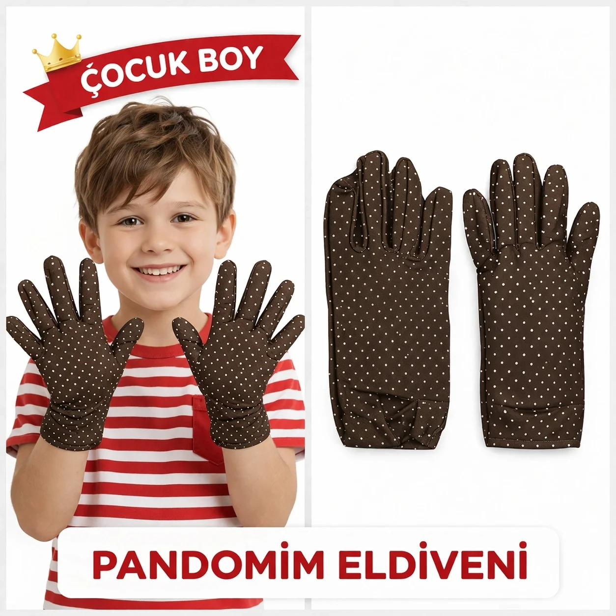 İthalat® Çocuk Boy Pandomim Eldiveni Beyaz Puantiyeli Kahve Renk Gösteri Eldiveni 23 Nisan 19 Mayıs