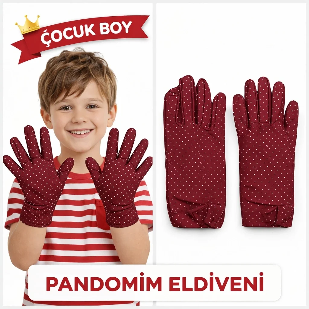 İthalat® Çocuk Boy Pandomim Eldiveni Beyaz Puantiyeli Bordo Renk Gösteri Eldiveni 23 Nisan 19 Mayıs