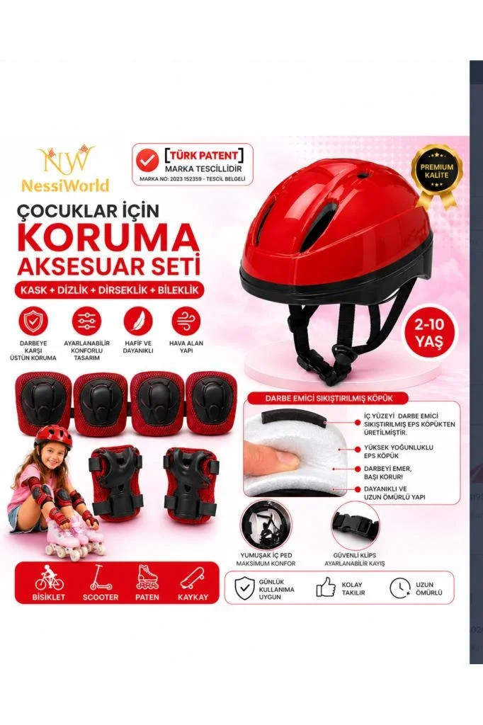 Çocuk Kaskı Ve Dizlik, Dirseklik Eldiven Set KIRMIZ/KIRMIZISİYAH Fiyatı, Yorumları ve Özellikleri