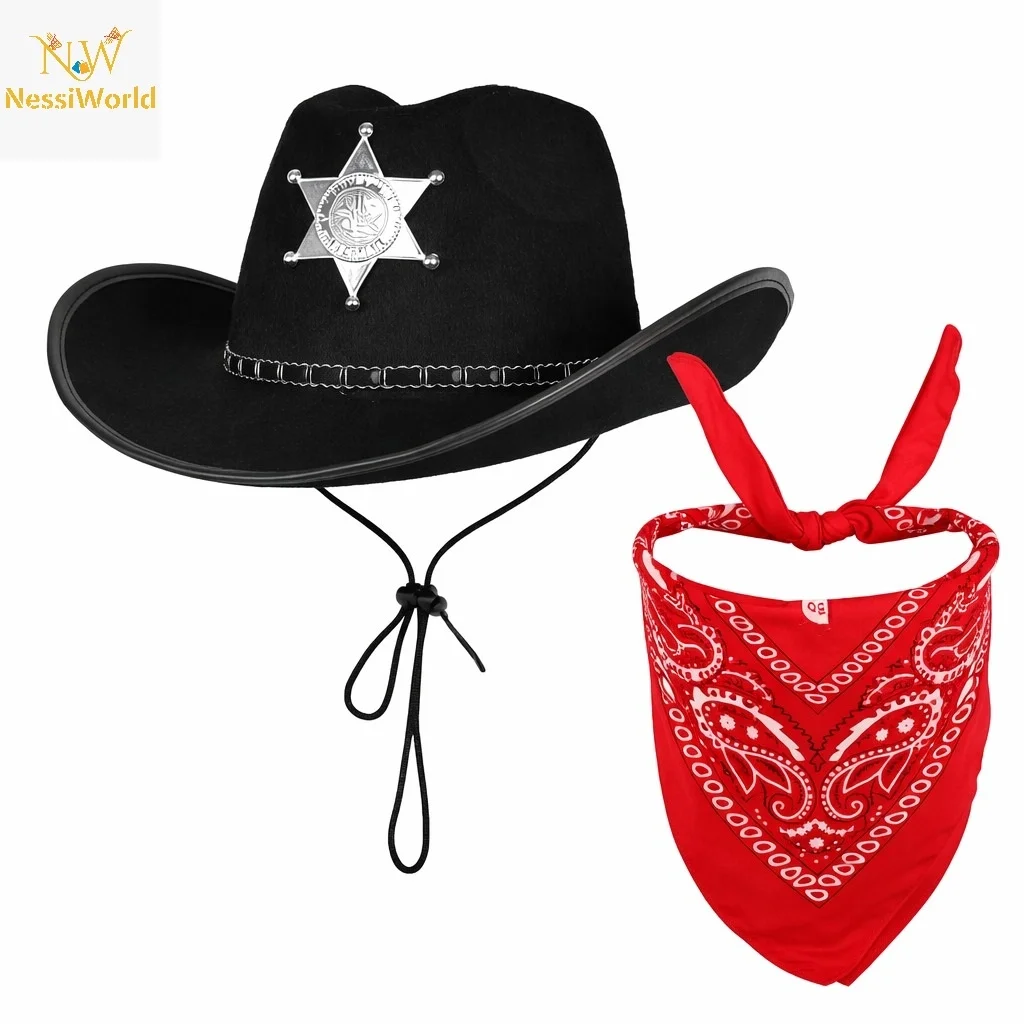 İthalat® Çocuk Kovboy Şapka Rozetli Siyah &amp; Kırmızı Bandana Seti
