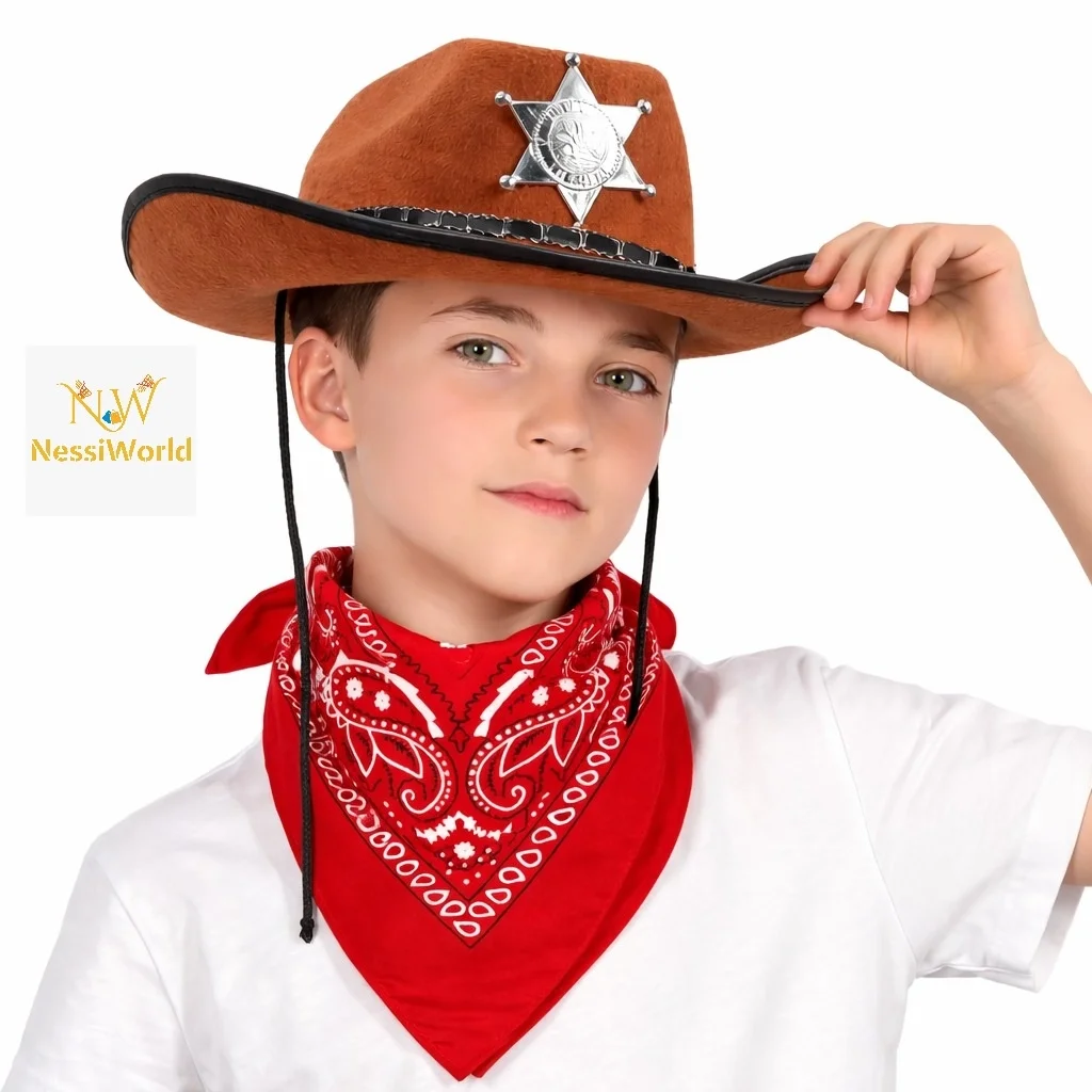 İthalat® Çocuk Kovboy Şapka Rozetli Kahverengi &amp; Kırmızı Bandana Seti