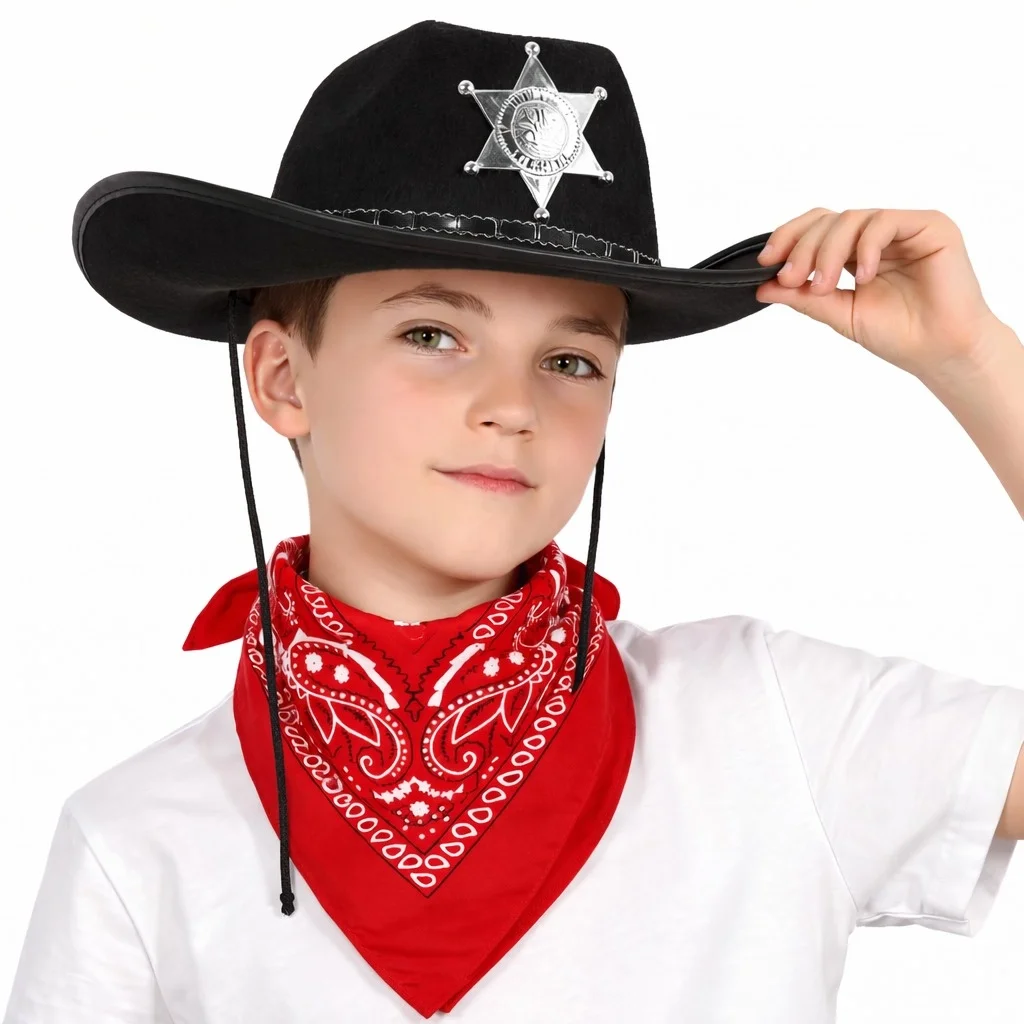 İthalat® Çocuk Kovboy Şapka Rozetli Siyah &amp; Kırmızı Bandana Fular Seti