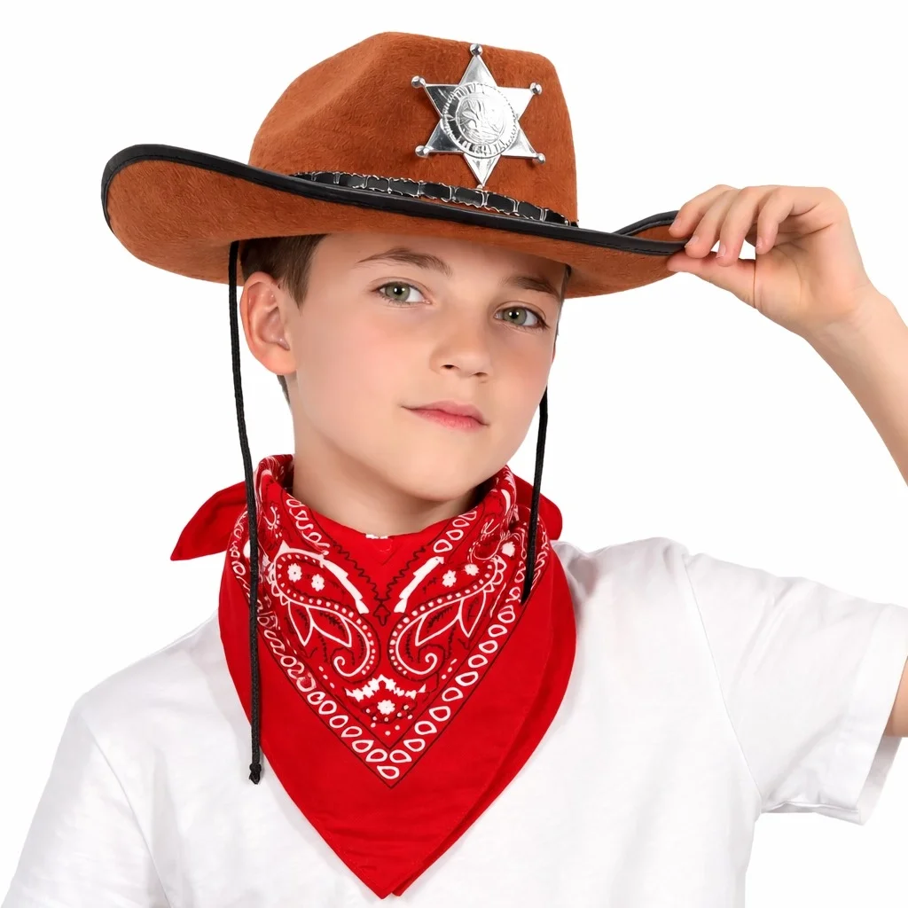 İthalat® Çocuk Kovboy Şapka Rozetli Kahverengi & Kırmızı Bandana Fular Seti İthalat® Çocuk Kovboy Şapka Rozetli Kahverengi & Kırmızı Bandana Fular Seti