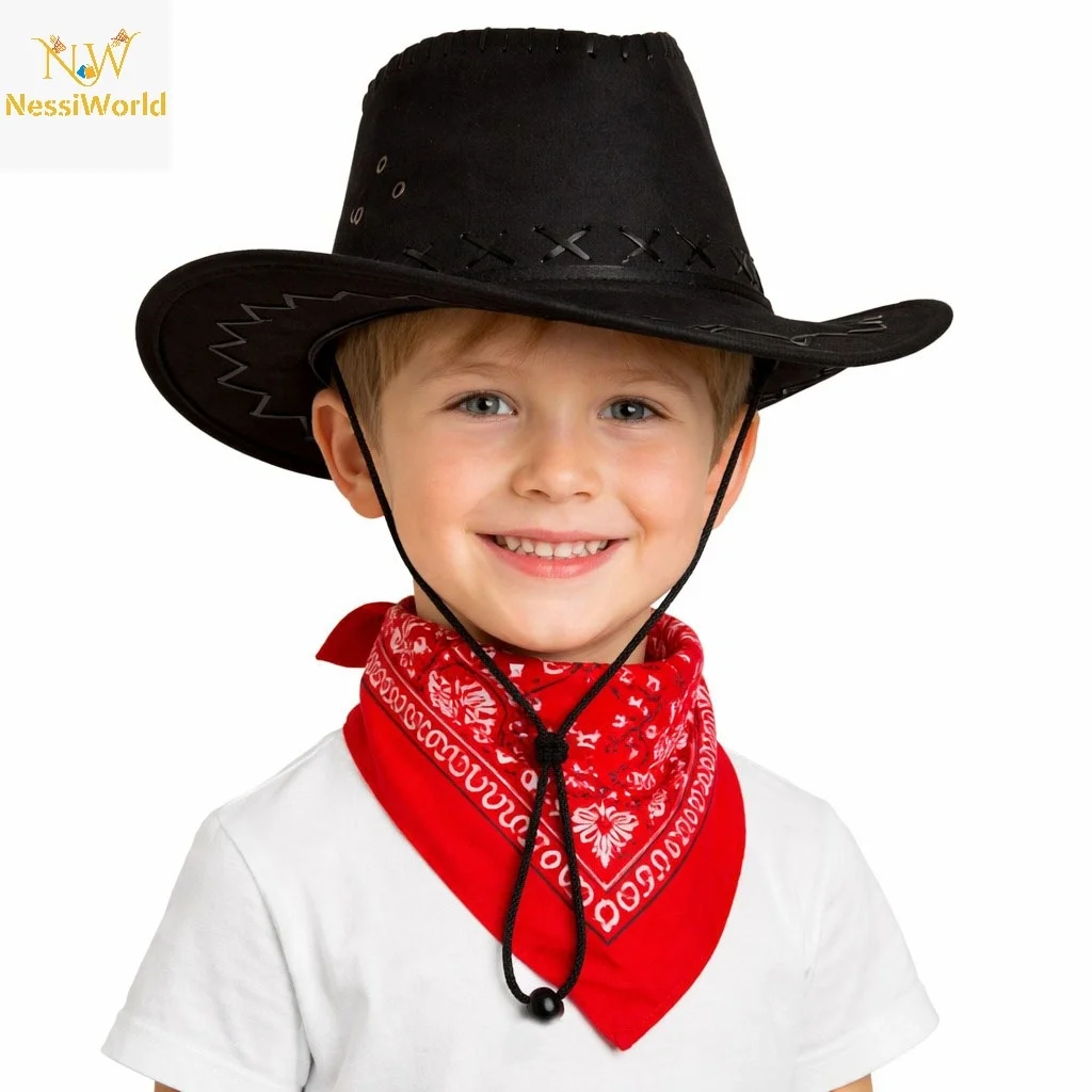 İthalat® Çocuk Kovboy Şapka Siyah &amp; Kırmızı Bandana Seti