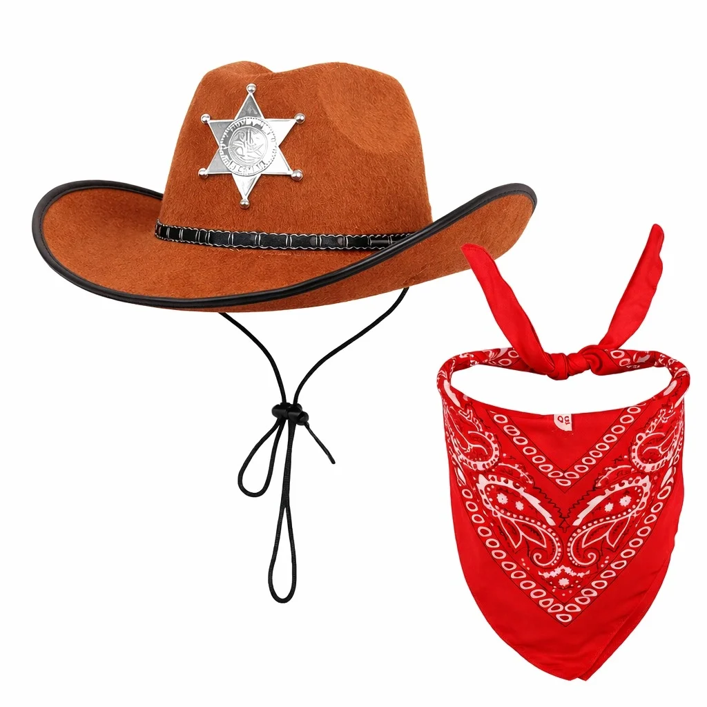 İthalat® Çocuk Kovboy Şapka Rozetli Kahverengi & Kırmızı Bandana Fular Seti İthalat® Çocuk Kovboy Şapka Rozetli Kahverengi & Kırmızı Bandana Fular Seti
