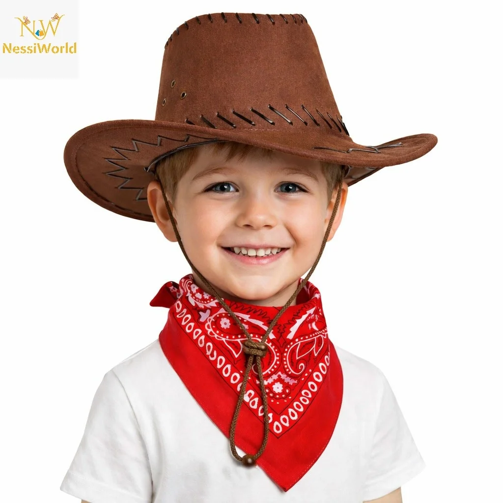 İthalat® Çocuk Kovboy Şapka Kahverengi &amp; Kırmızı Bandana Seti