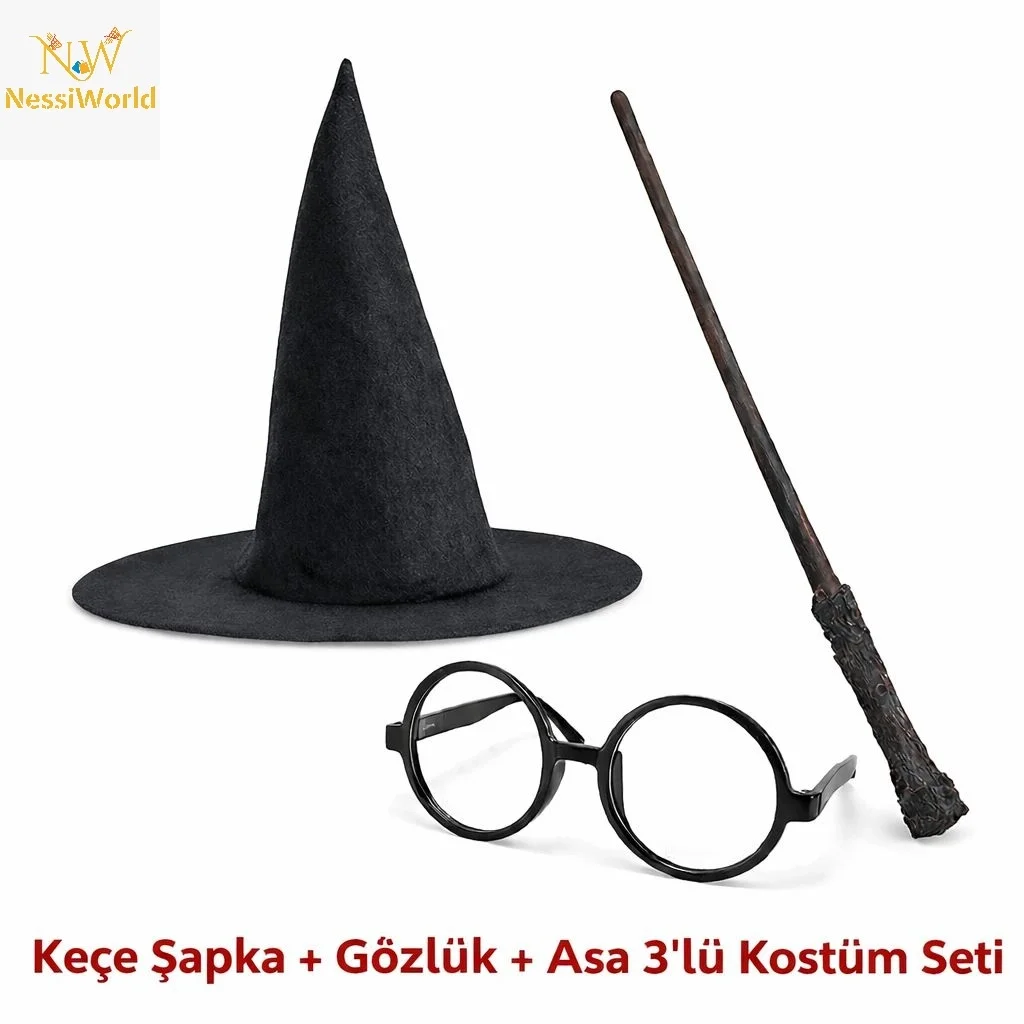 İthalat® Çocuk Seti (Siyah Keçe Şapka, Asa, Gözlük)