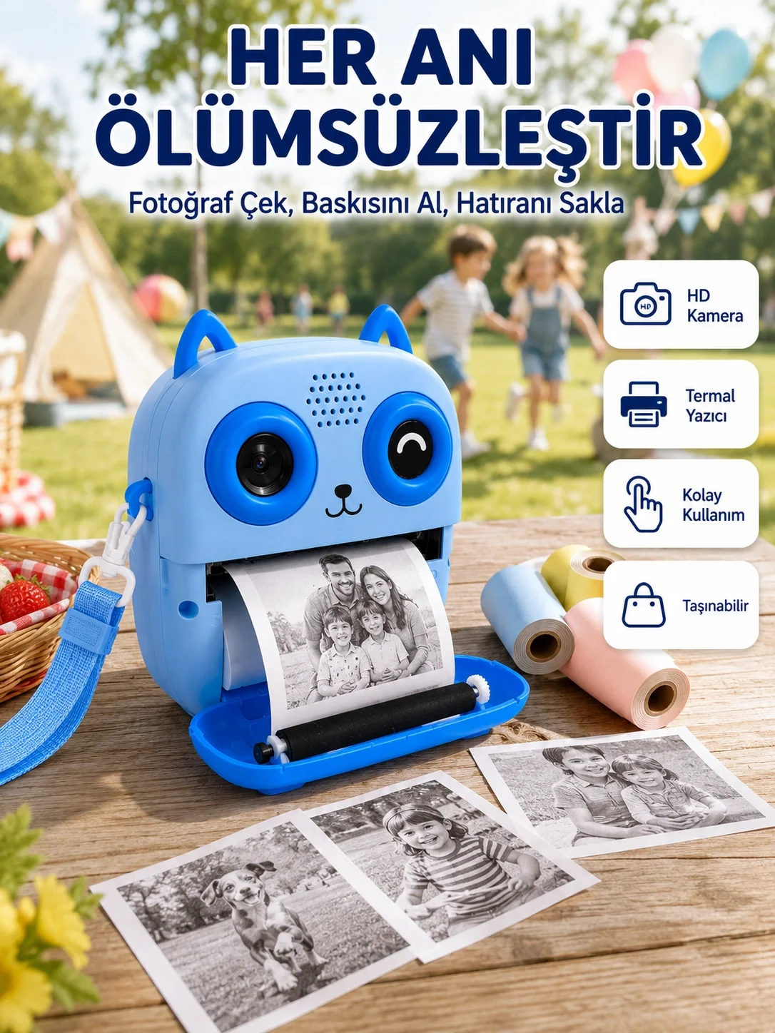 İthalat® Çocuklar İçin Termal Baskılı Dijital Fotoğraf Makinesi Ön ve Arka Kameralı