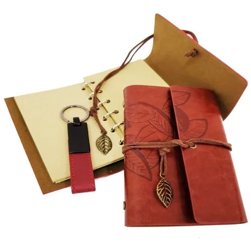 İthalat® Dekoratif Ahşap Kutulu Kahverengi Deri Defter ve Anahtarlık Set