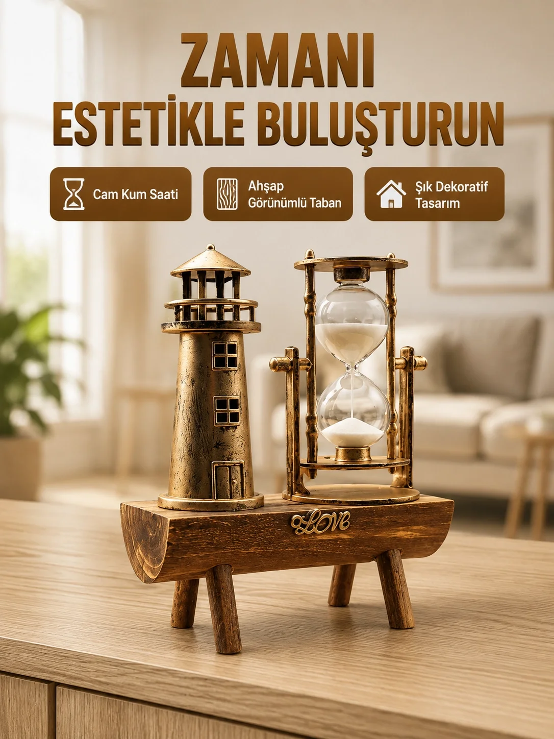 İthalat® Deniz Feneri Tasarımlı Ahşap Kum Saati – Retro Masa Aksesuarı Yeni Nesil