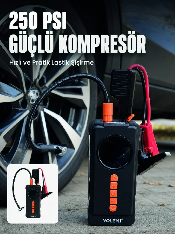 İthalat® Dijital Araç Kompresörü 4 Fonksiyonlu Akü Takviye Lastik Şişirme Powerbank ve LED El Feneri