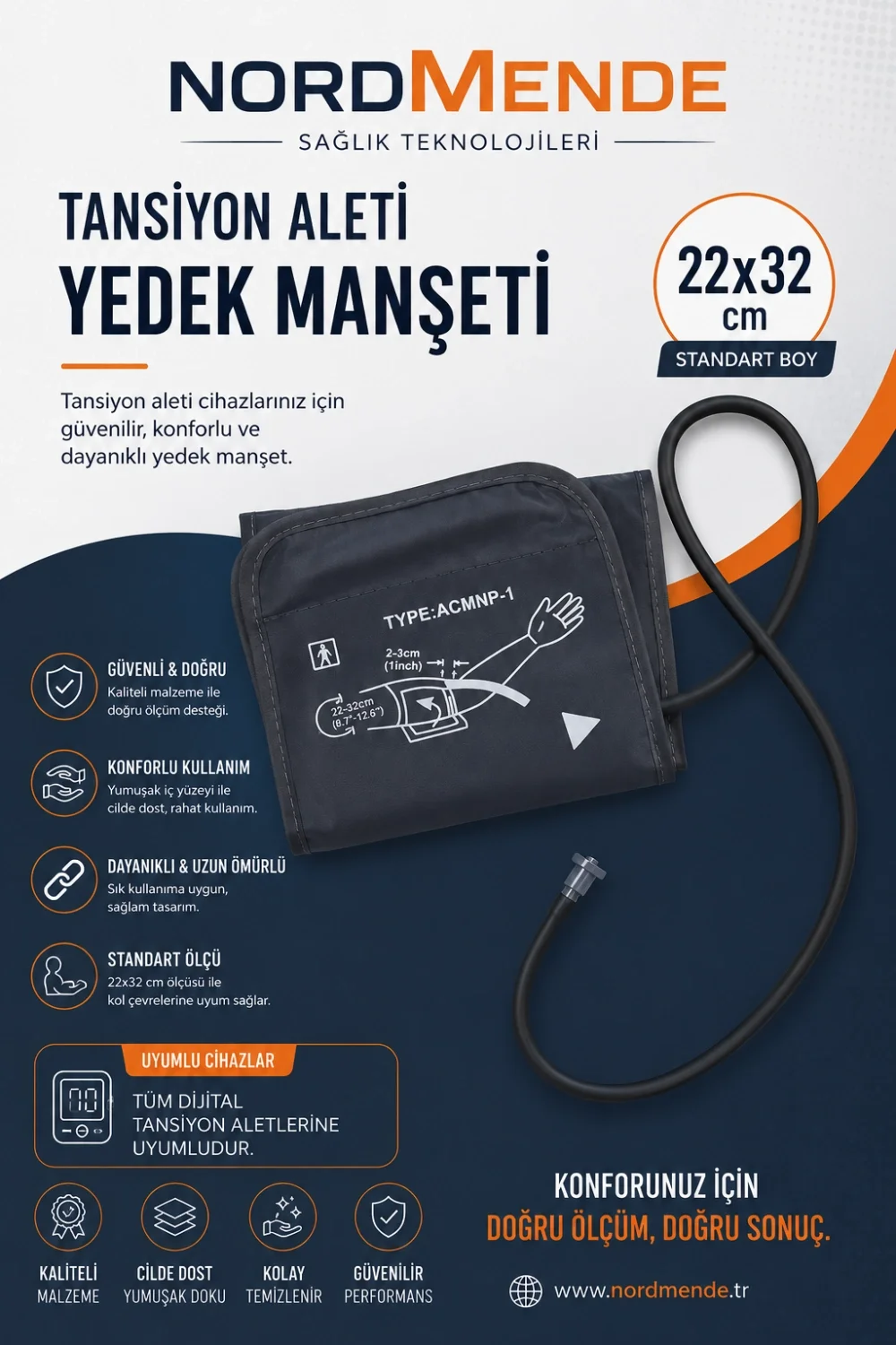 İthalat®  Dijital Tansiyon Aleti Manşeti 22-32 cm Evrensel Yedek Kol Manşeti Tüm Dijital Tansiyon Aletleri ile Uyumlu "Dijital Tansiyon Aleti Man