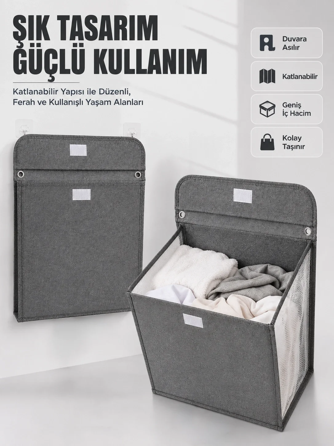 İthalat® Duvara Asılabilir Katlanabilir Kirli Çamaşır Sepeti Geniş Hacimli Düzenleyici