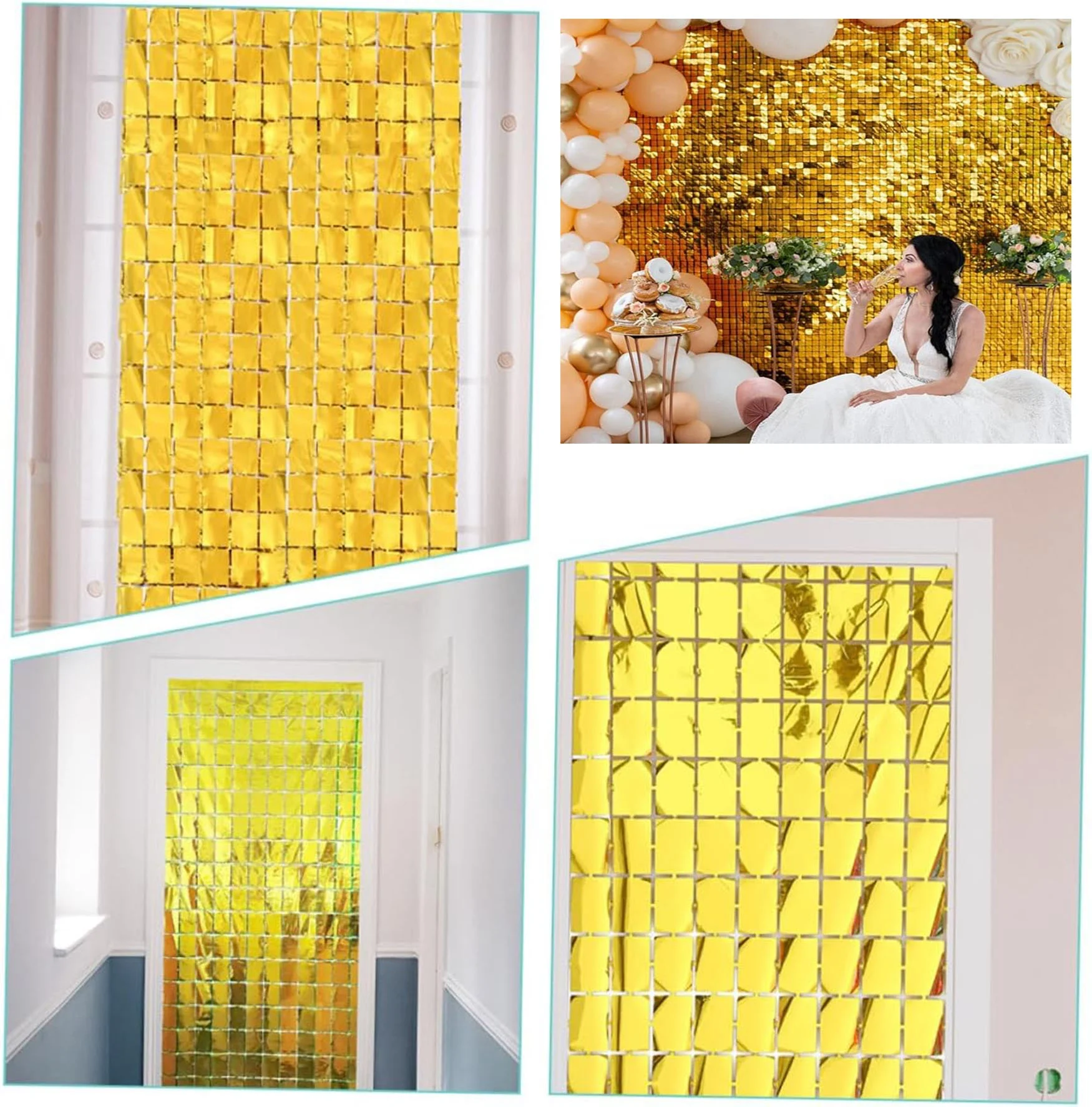 İthalat® Ekstra Metalize Altın Renk Disko Dikdörtgen Kesim Kapı Perdesi Dekorasyon 1x2 Metre