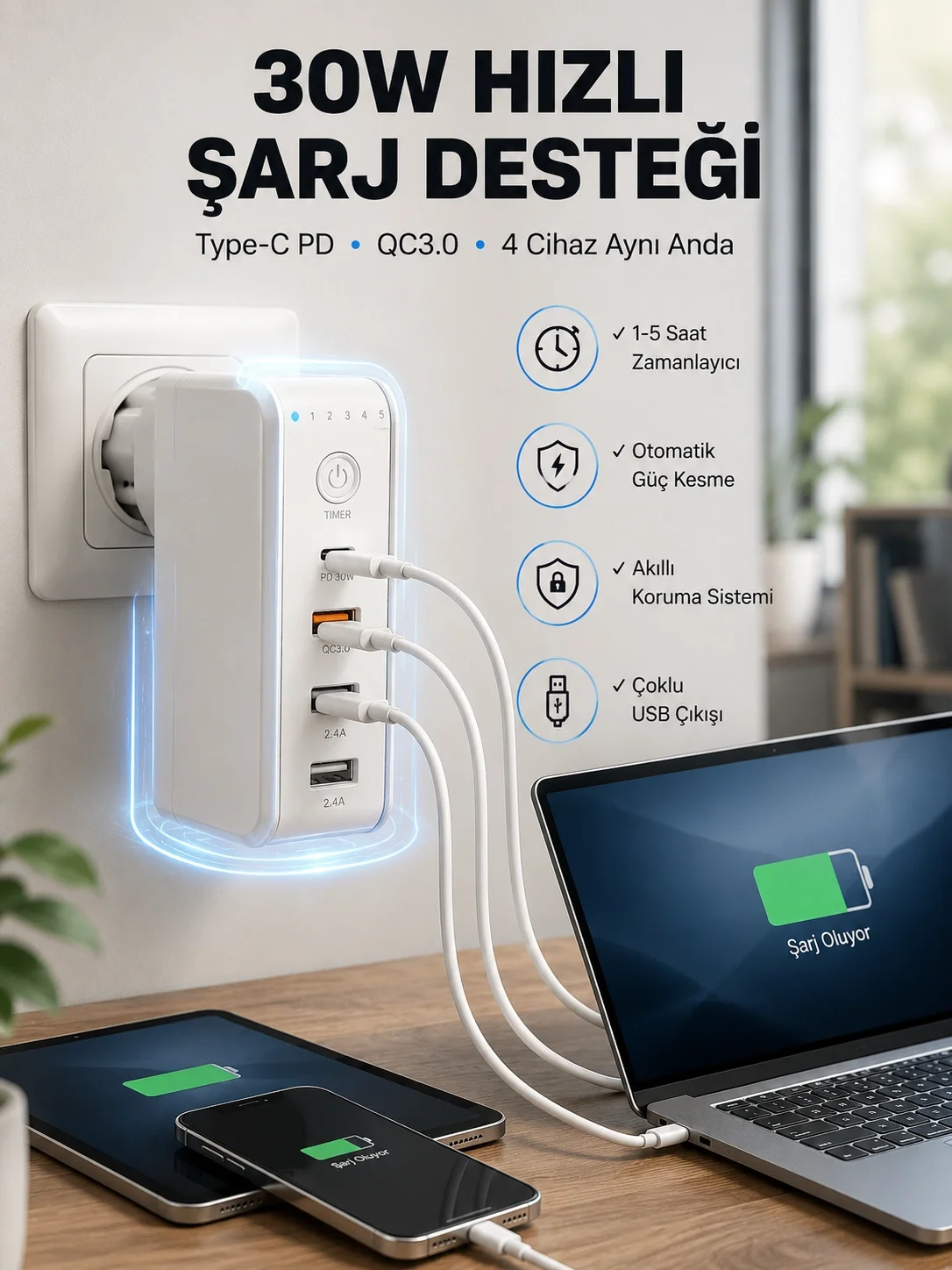 İthalat® Ev ve Ofis İçin Zaman Kontrollü Çoklu Şarj Cihazı Yeni Nesil