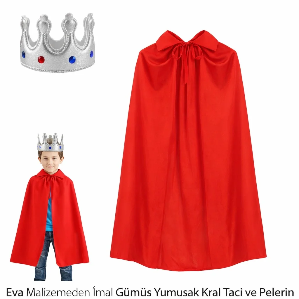 İthalat® Eva Malzemeden Gümüş Yumuşak Kral Tacı ve Kırmızı Pelerin Seti
