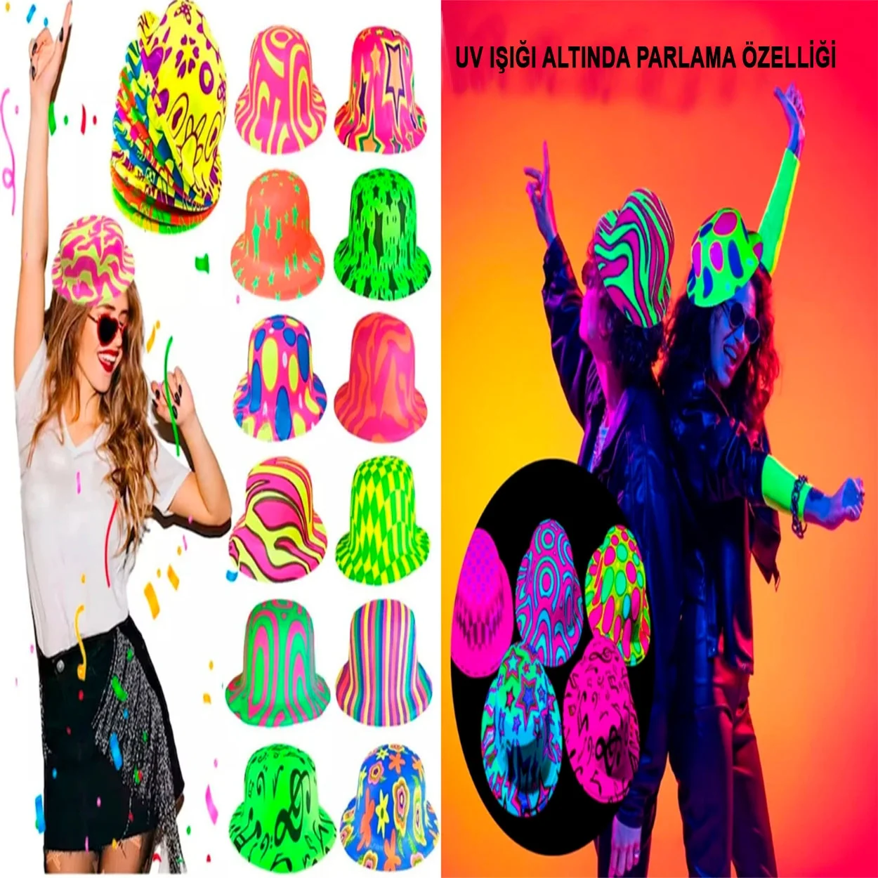 İthalat® Farklı Desenlerde Plastik Neon UV Işık Parti Şapkası 1 Adet