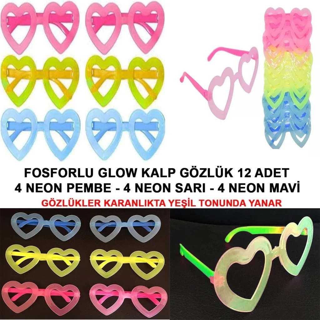 İthalat® Fosforlu Kalp Gözlük 12 Adet – 80’ler 90’lar Parti Stili