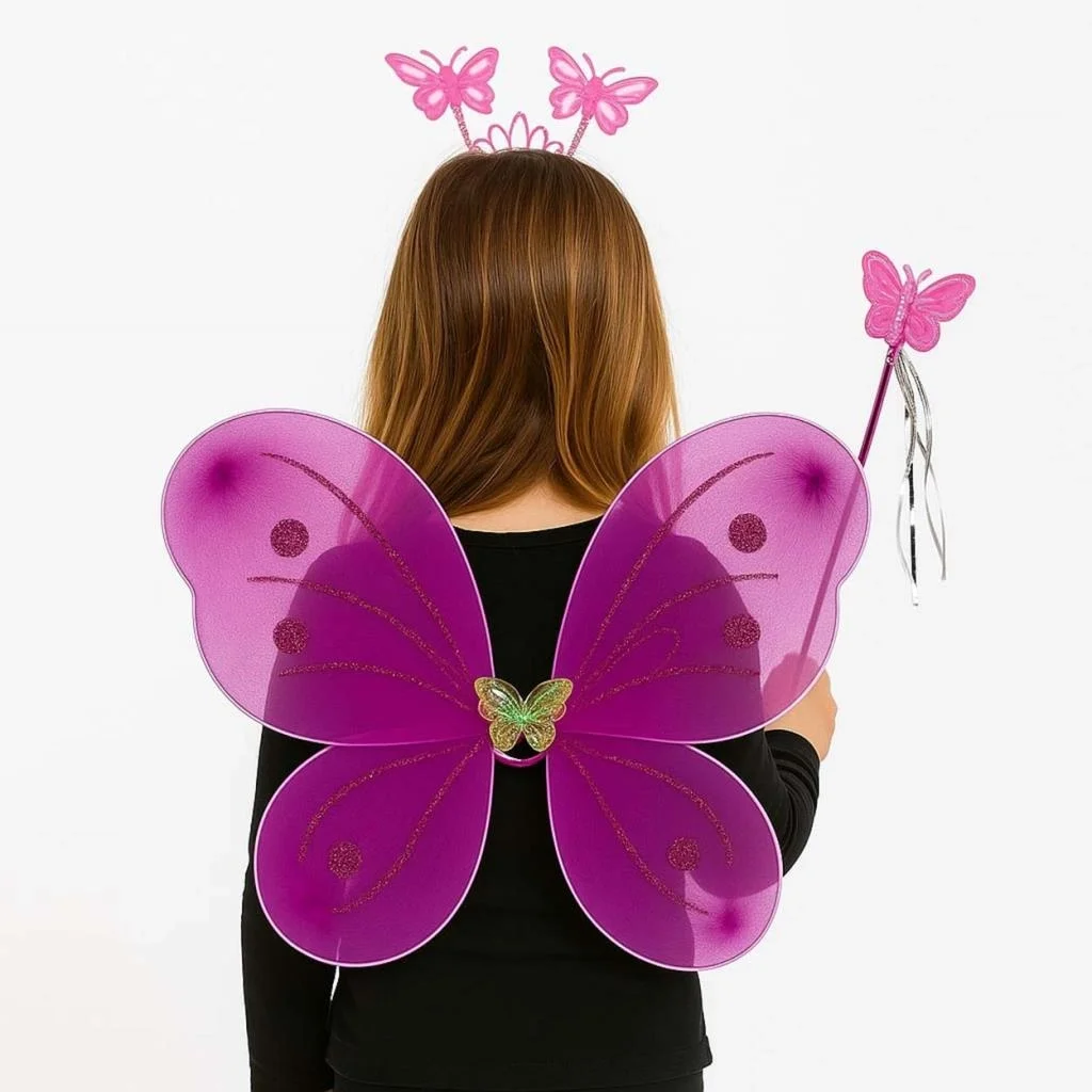 İthalat® Fuşya Kız Seti – 50 cm Kanadı, Taç ve Asa