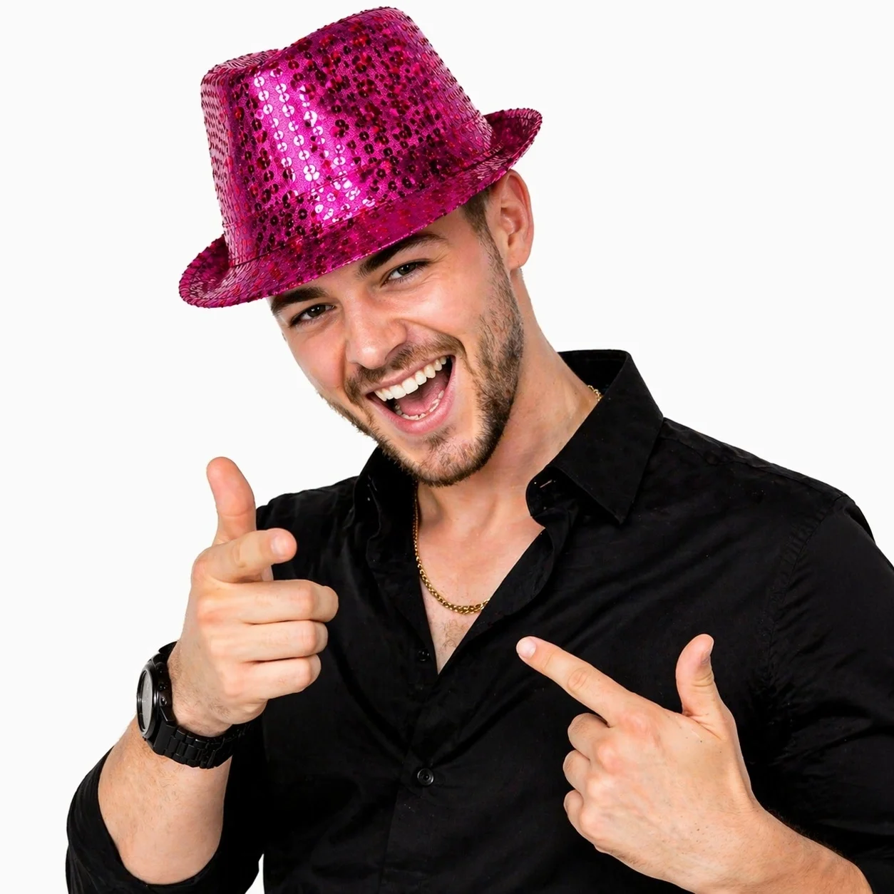 İthalat® Fuşya Pembe Payetli Disco Parti Şapkası Yetişkin Işıltılı Fötr Model