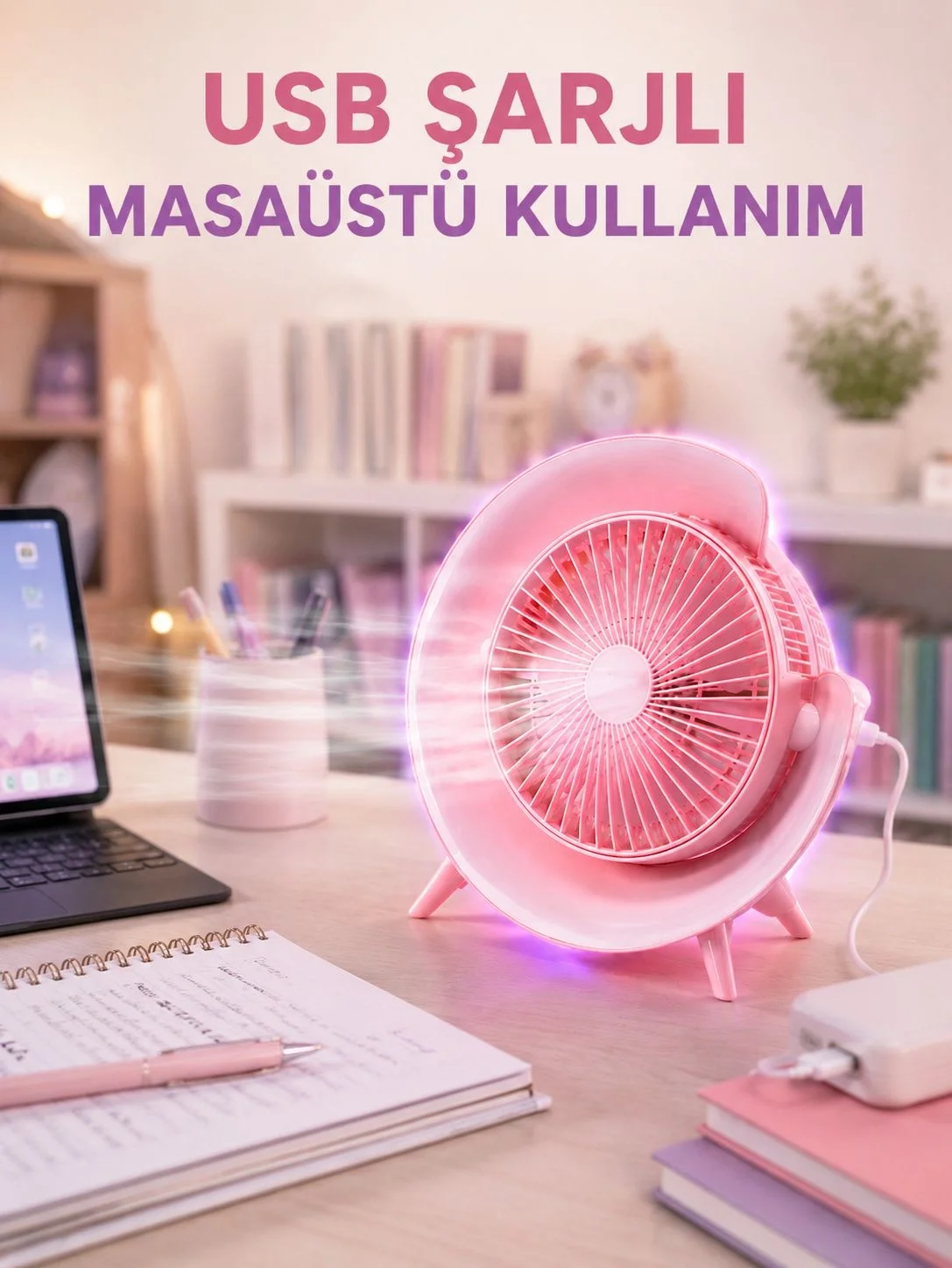 İthalat® Gece Lambası Özellikli Şarjlı Mini Masaüstü Fan