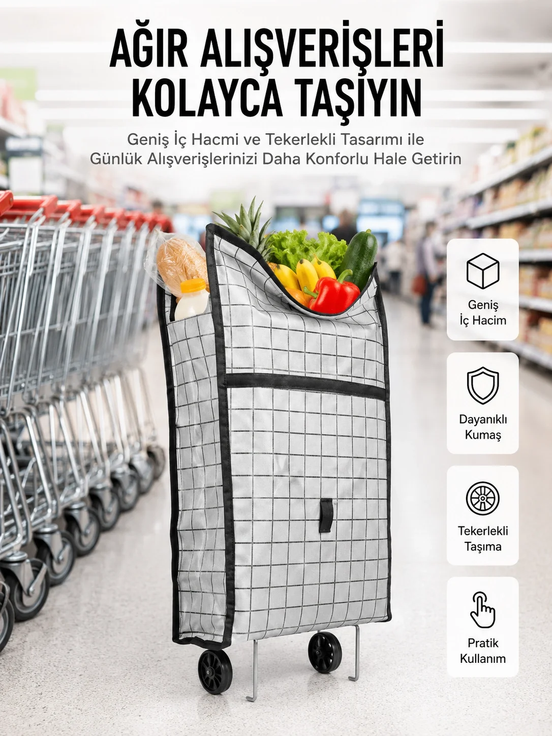 İthalat® Geniş Hacimli Tekerlekli Pazar Çantası Dayanıklı ve Ergonomik