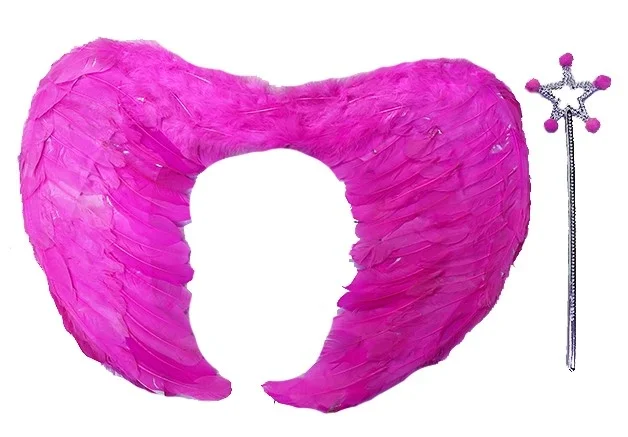 İthalat® Gerçek Tüylü Katlanabilir Çocuk Pembe Melek Kanadı ve Asa Seti 40x55 cm