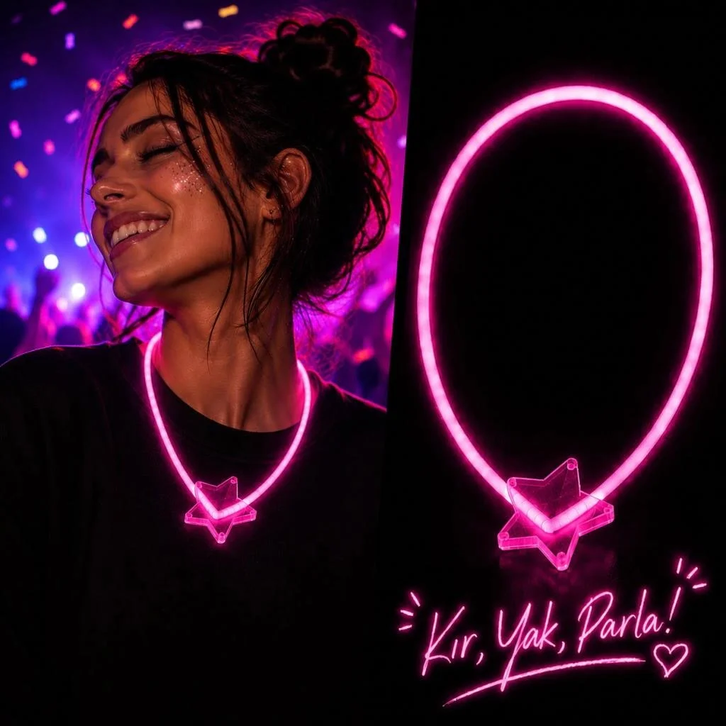 İthalat® Glow Yıldız Kolye Neon Fosforlu Işıklı Kolye Pembe Renk