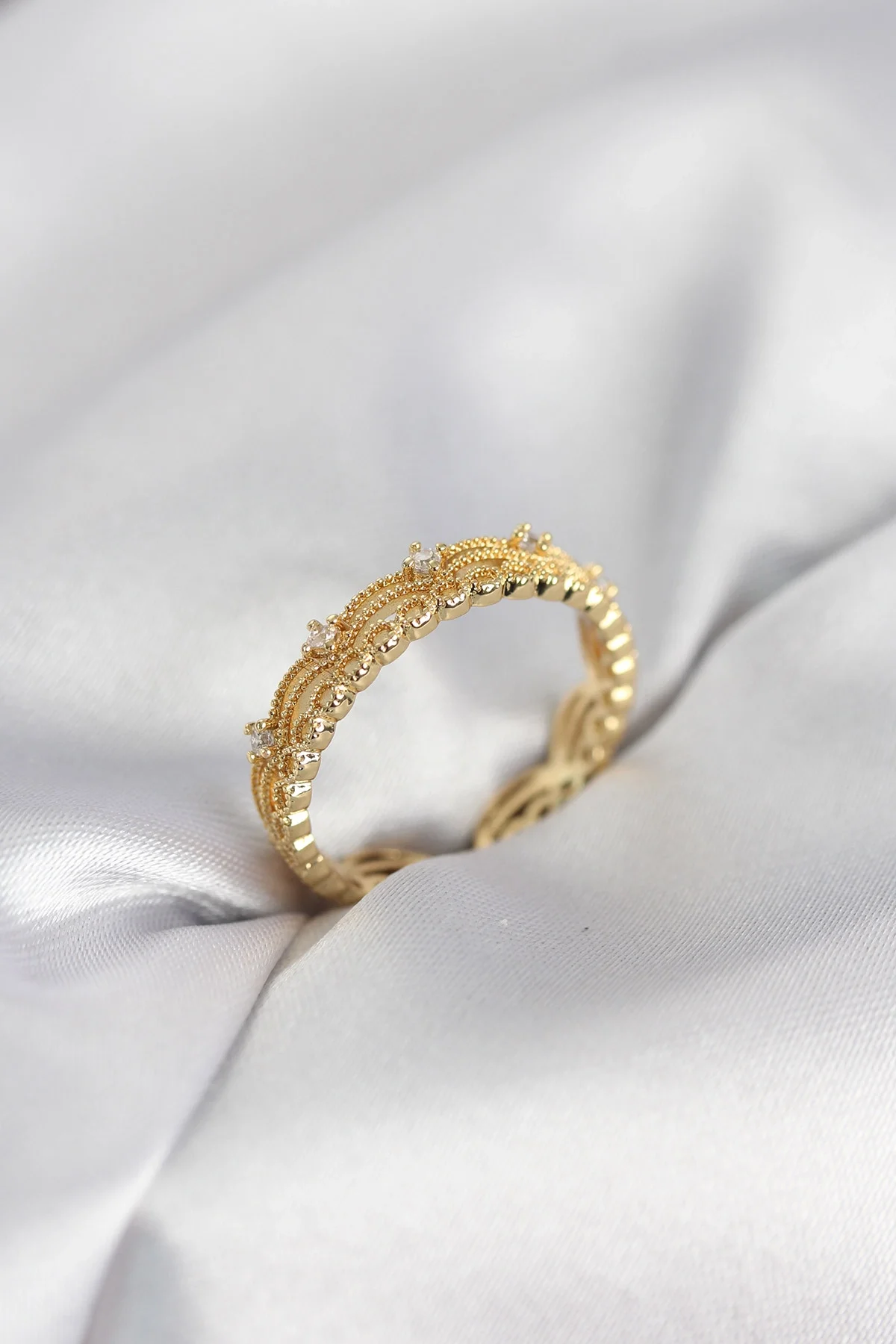 İthalat® Gold Renk Motif Desenli Zirkon Taşlı Kadın Yüzük