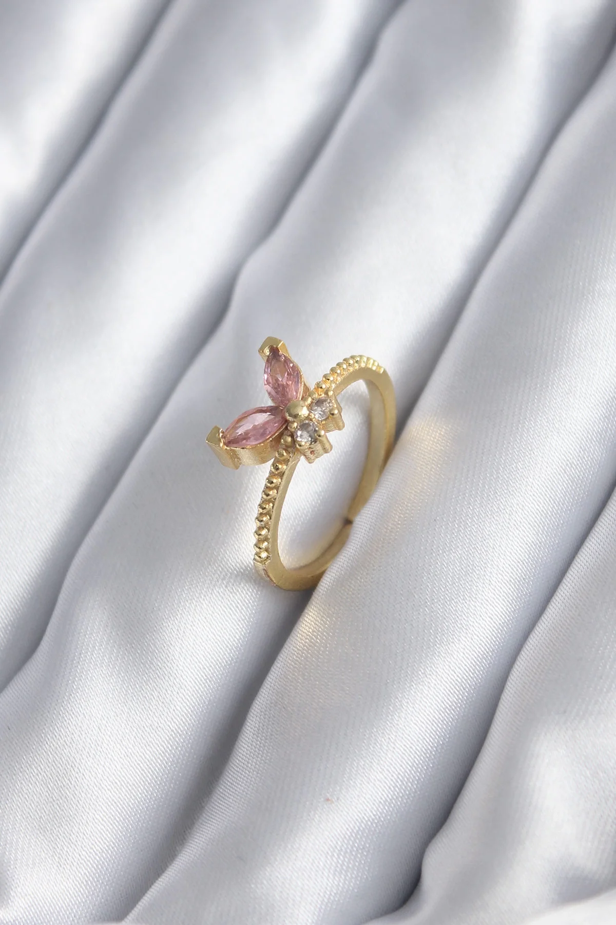 İthalat® Gold Renk Pembe Zirkon Taşlı Kelebek Model Kadın Yüzük