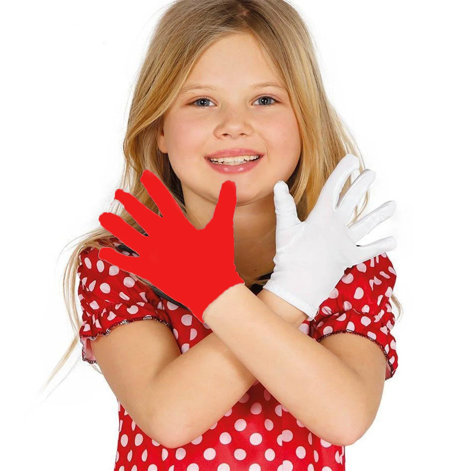 İthalat® Gösteriler İçin 1 Çift Kırmızı Beyaz Pandomim Eldiveni Çocuk Boy