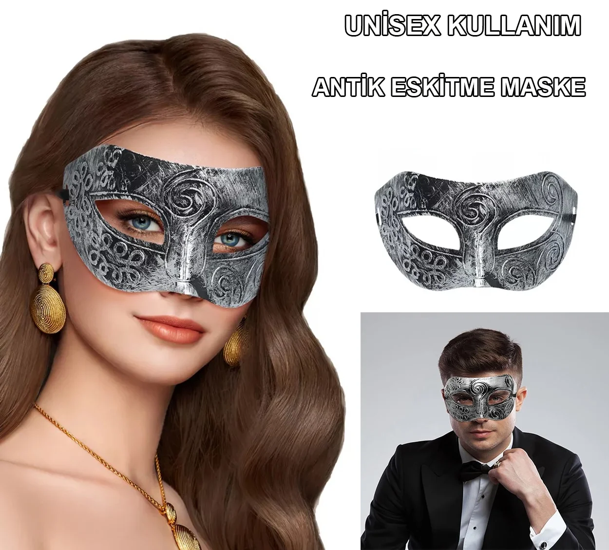 İthalat® Gümüş Eskitme Yüz Maskesi - Antik Tarz Balo Maskesi İthalat® Gümüş Eskitme Yüz Maskesi - Antik Tarz Balo Maskesi