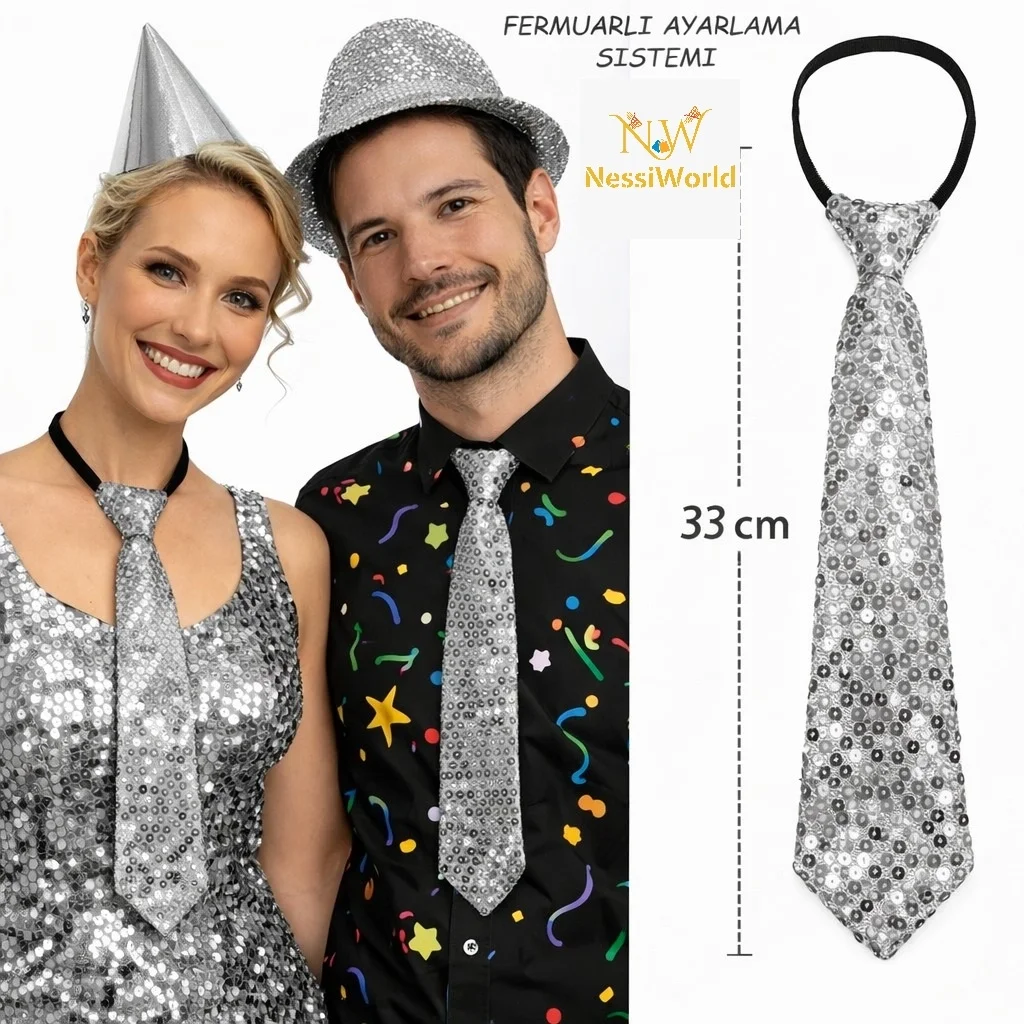 İthalat® Gümüş Renk Pul Payetli Işıltılı Parti Kravatı 33 cm