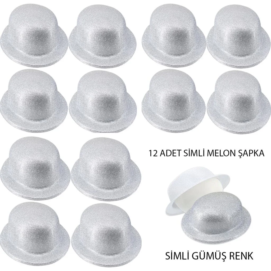 İthalat® Gümüş Renk Simli Melon Yuvarlak Parti Şapkası 12 Adet
