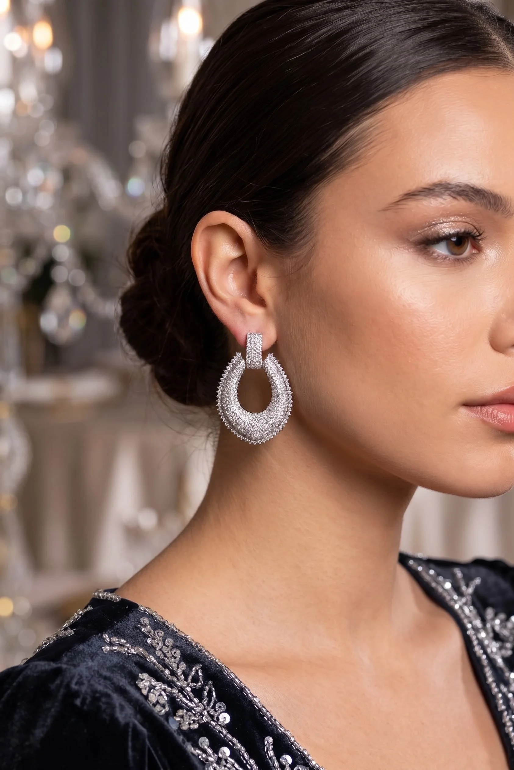 İthalat® Gümüş Renk Zirkon Taşlı Damla Halka Model Kadın Abiye Küpe