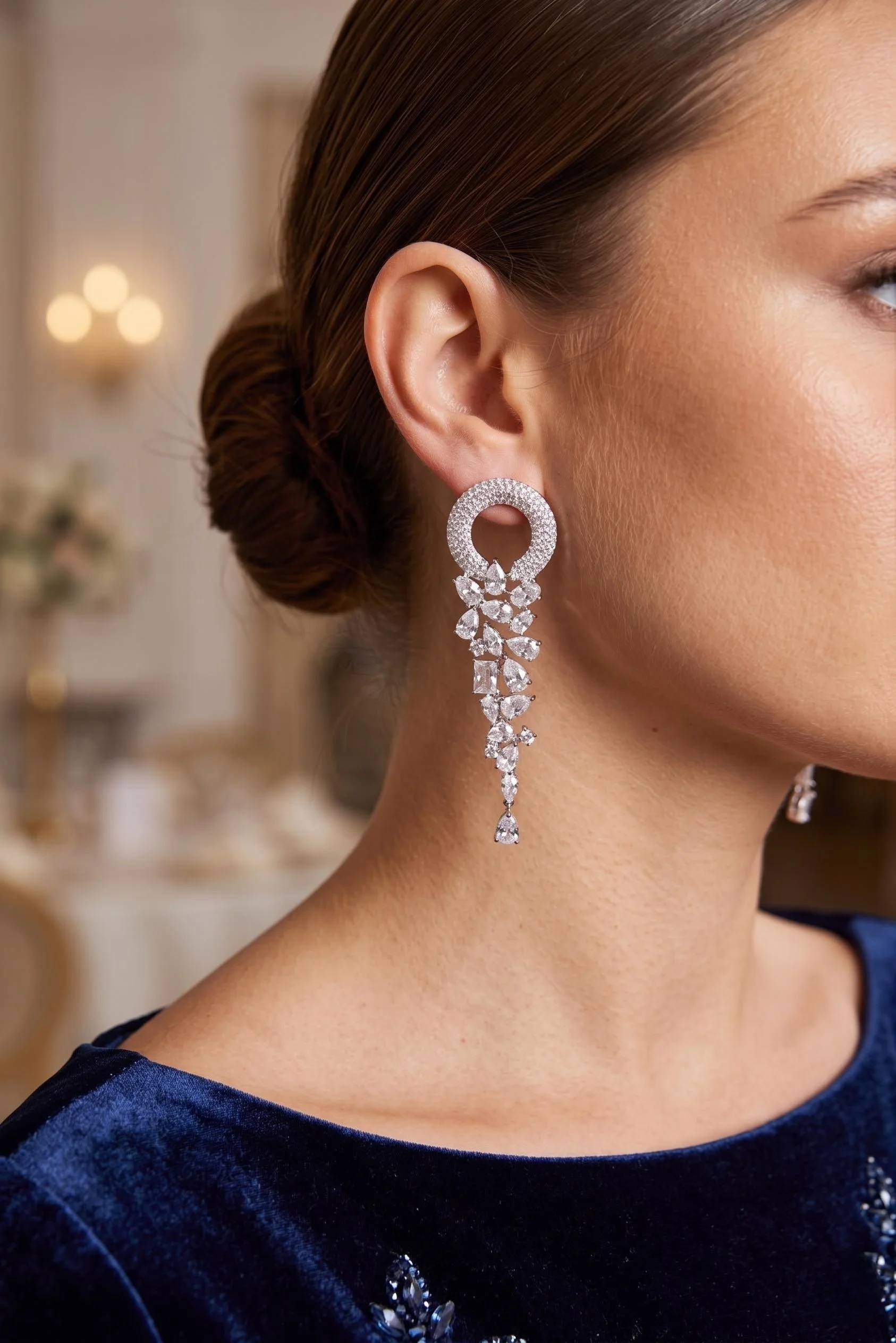İthalat® Gümüş Renk Zirkon Taşlı Saçaklı Model Kadın Abiye Küpe