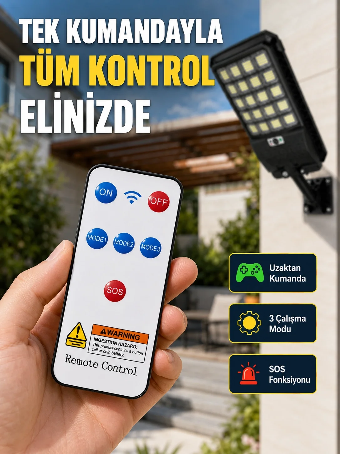 İthalat® Güneş Enerjili LED Duvar ve Direk Lambası Suya Dayanıklı Akıllı Aydınlatma