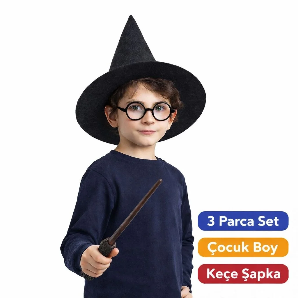 İthalat® Harry Potter Tarzı Çocuk Seti (Siyah Keçe Şapka, Asa, Gözlük) İthalat® Harry Potter Tarzı Çocuk Seti (Siyah Keçe Şapka, Asa, Gözlük)
