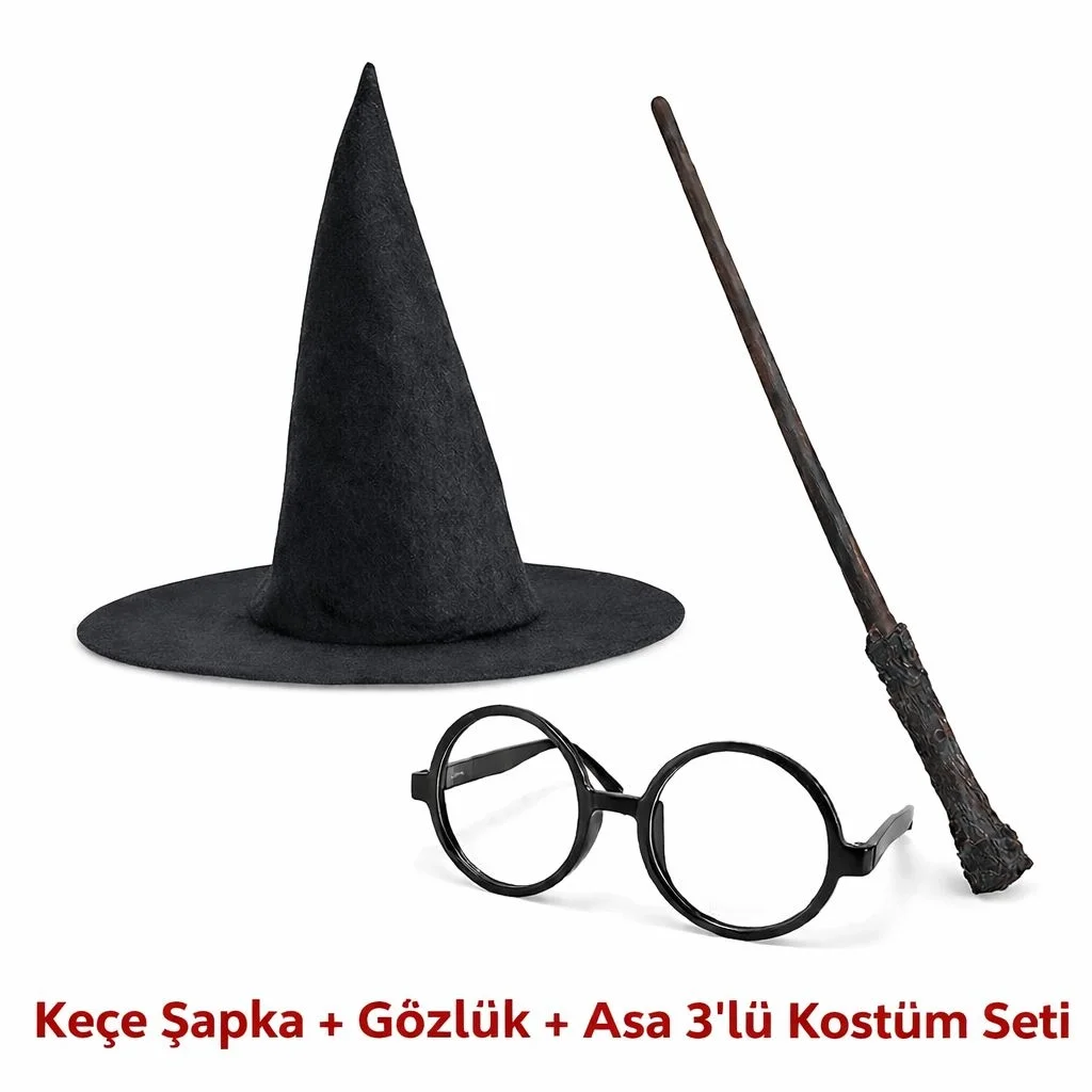 İthalat® Harry Potter Tarzı Çocuk Seti (Siyah Keçe Şapka, Asa, Gözlük) İthalat® Harry Potter Tarzı Çocuk Seti (Siyah Keçe Şapka, Asa, Gözlük)