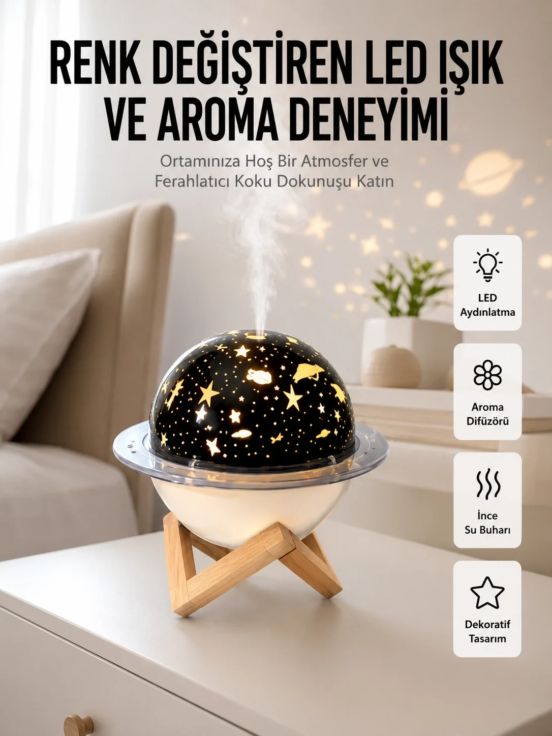 İthalat® Hava Nemlendirici Led Işıklı Gece Lambası Yıldız Görünümlü Renk Değiştiren