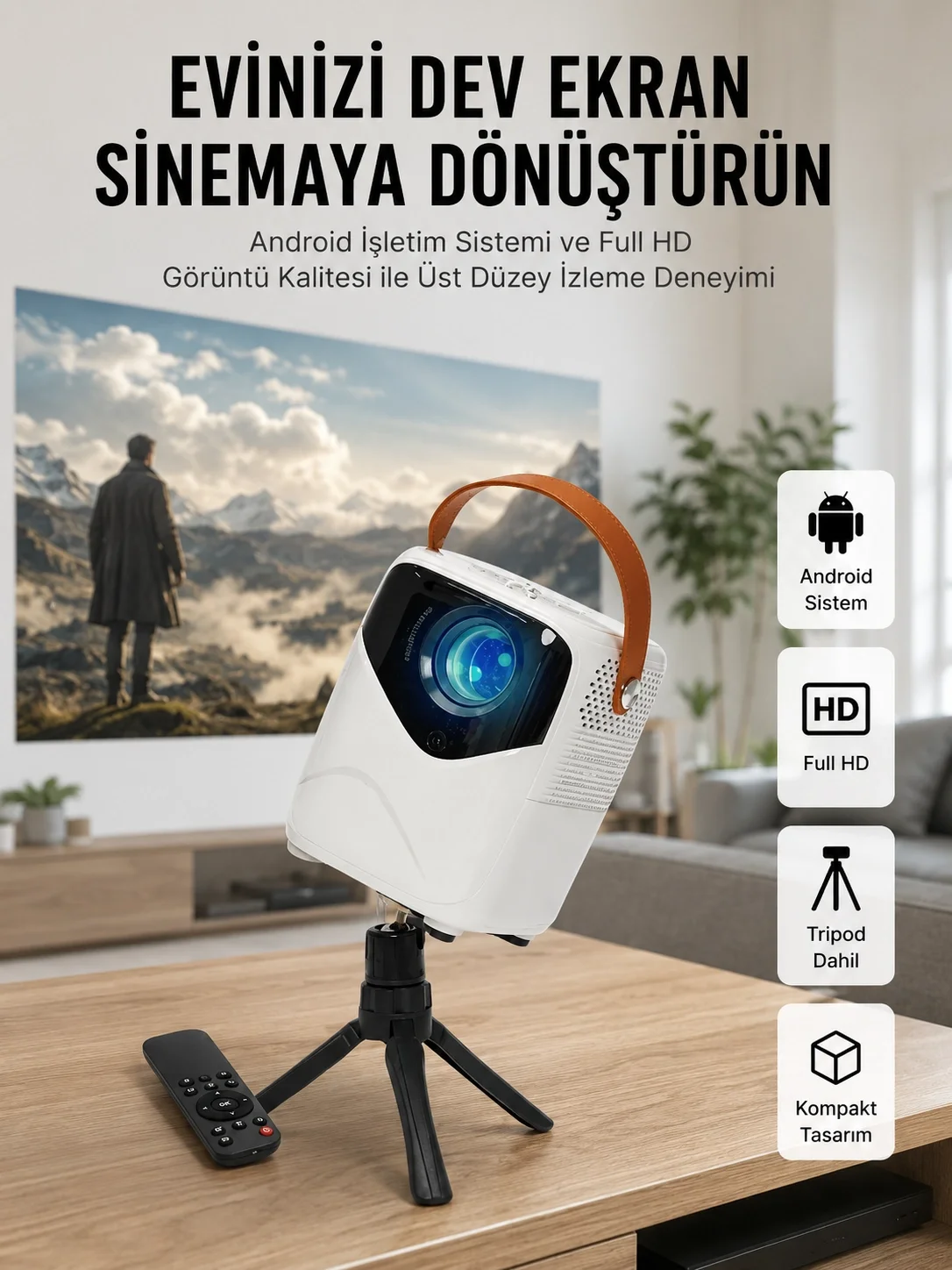 İthalat® HD Ayaklı Portatif Projeksiyon Cihazı Bluetooth Wifi Akıllı Android İşlemcili
