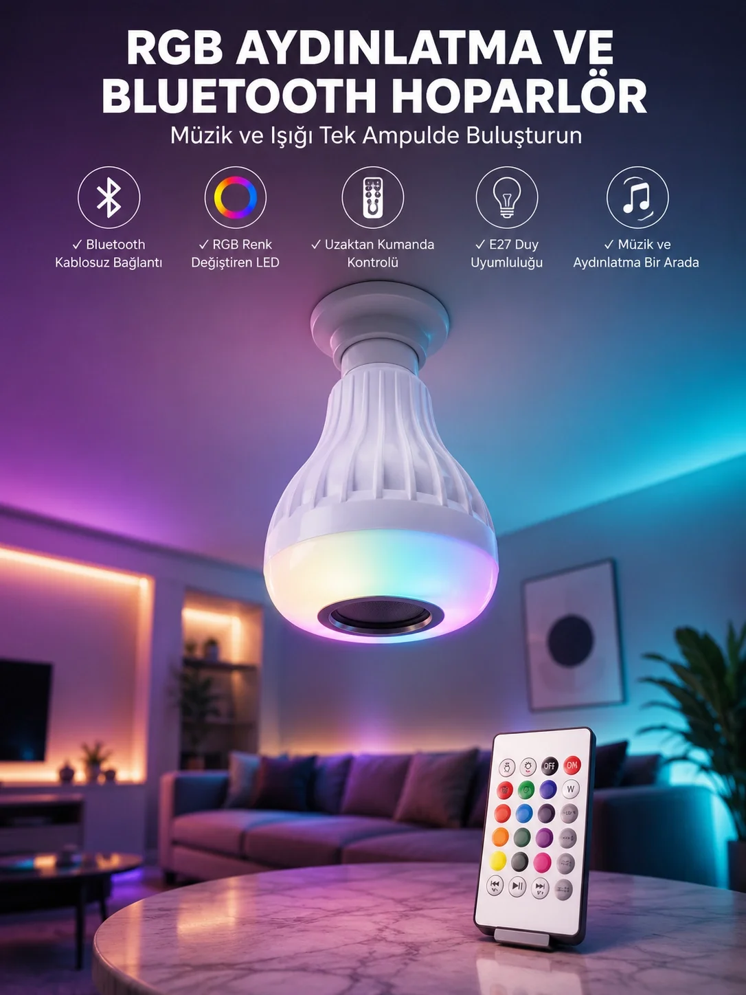 İthalat® Kablosuz Bluetooth Hoparlör Led Lamba