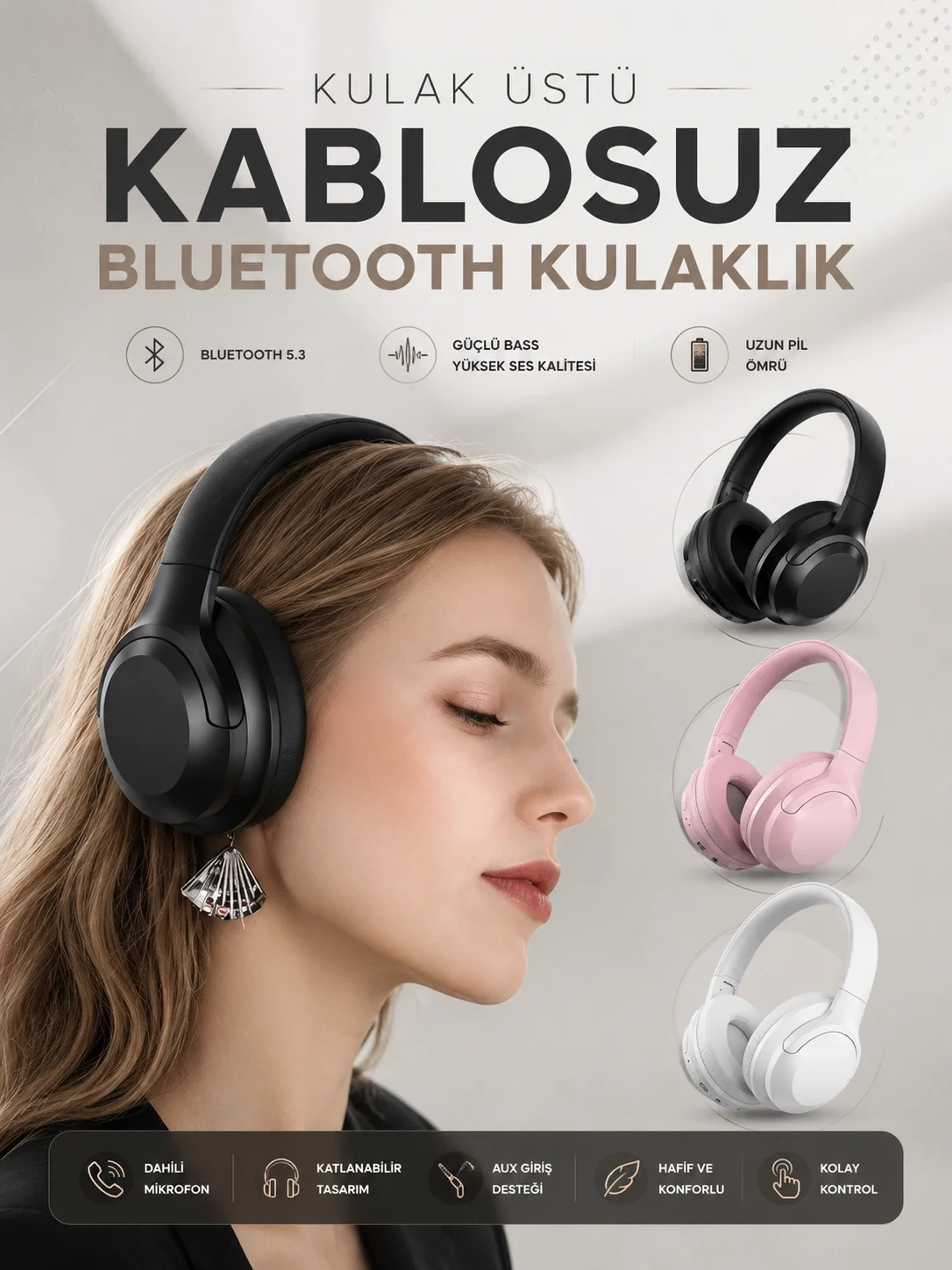 İthalat® Kablosuz Bluetooth Kulaklık ANC/ENC Destekli Kulak Üstü Yüksek Ses Kaliteli